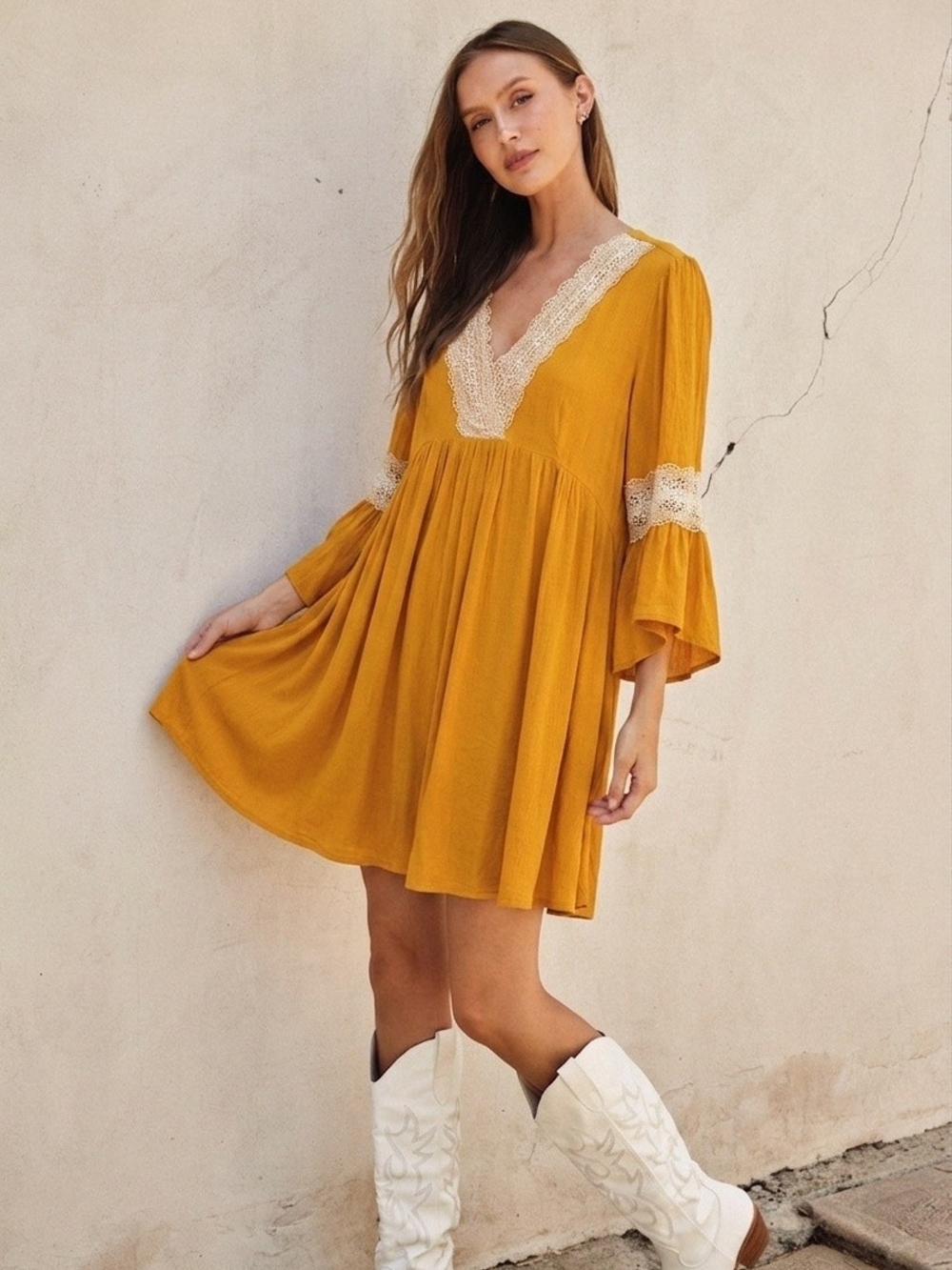 DAVI & DANI Mustard Lace-Trim V-Neck Mini Dress